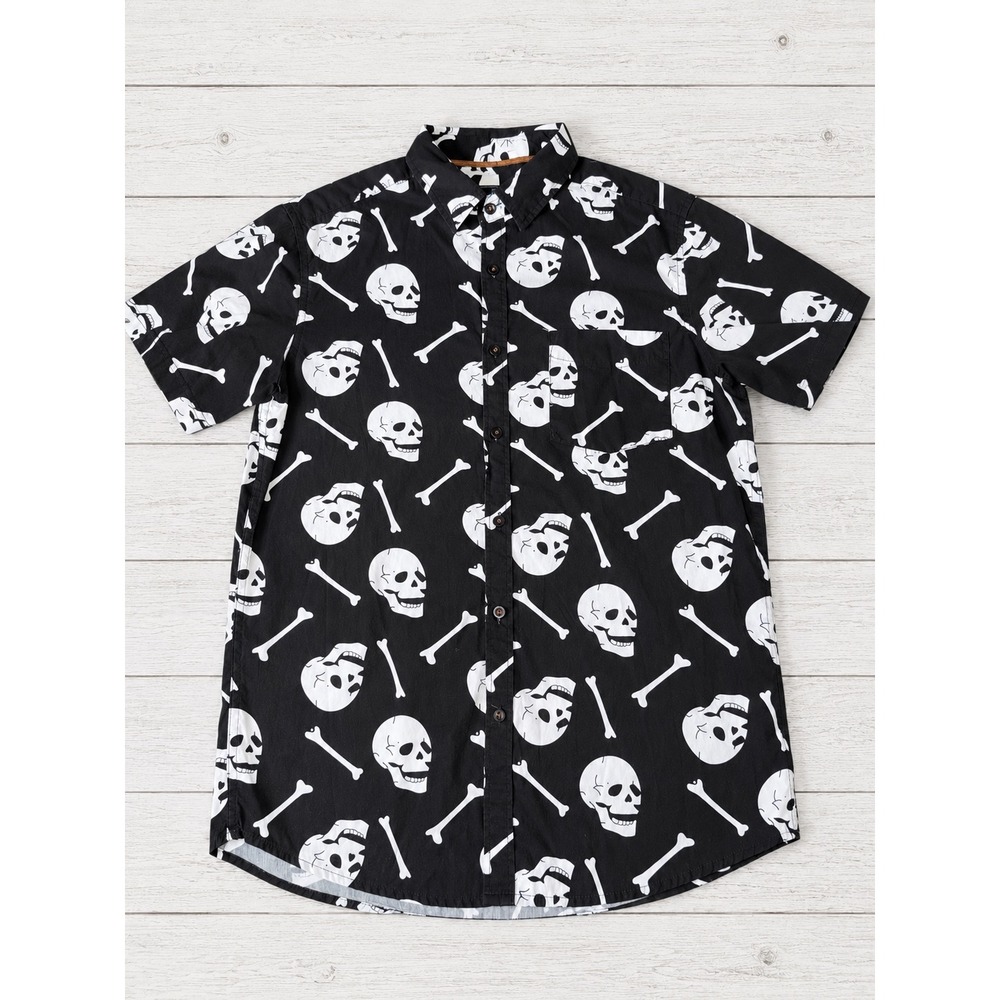 Rugby University Button Down Shirt Skull Crossbones Goth Emo Punk Black Medium